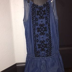 embroidered denim romper with tie string back